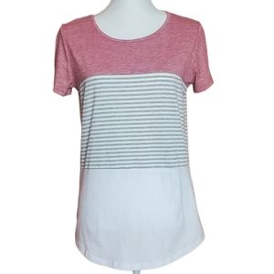 YunJey Pink/White Round Neck Triple Color Block Striped Short Sleeve Top